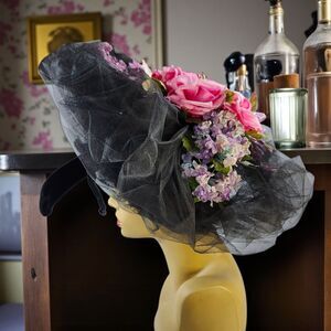 Vintage Mme. Poswolsky NY Black Tulle Derby Hat Roses & Rhinestones 1950s RARE